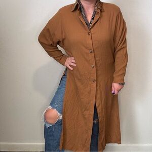 Vtg Duster Dress Texas Sz Small Camel Tan Brown Shirt Long Sleeve Collar Buttons